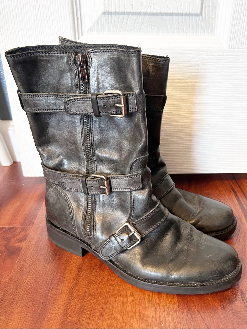 J. Crew Miller Triple Buckle Motorcycle gray Leather Zip Combat Boots- Sz 7